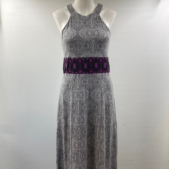 Prana Women's Skye Gray Purple Halter Maxi Dress Empire Waist Embroidered Size M - Picture 2 of 10